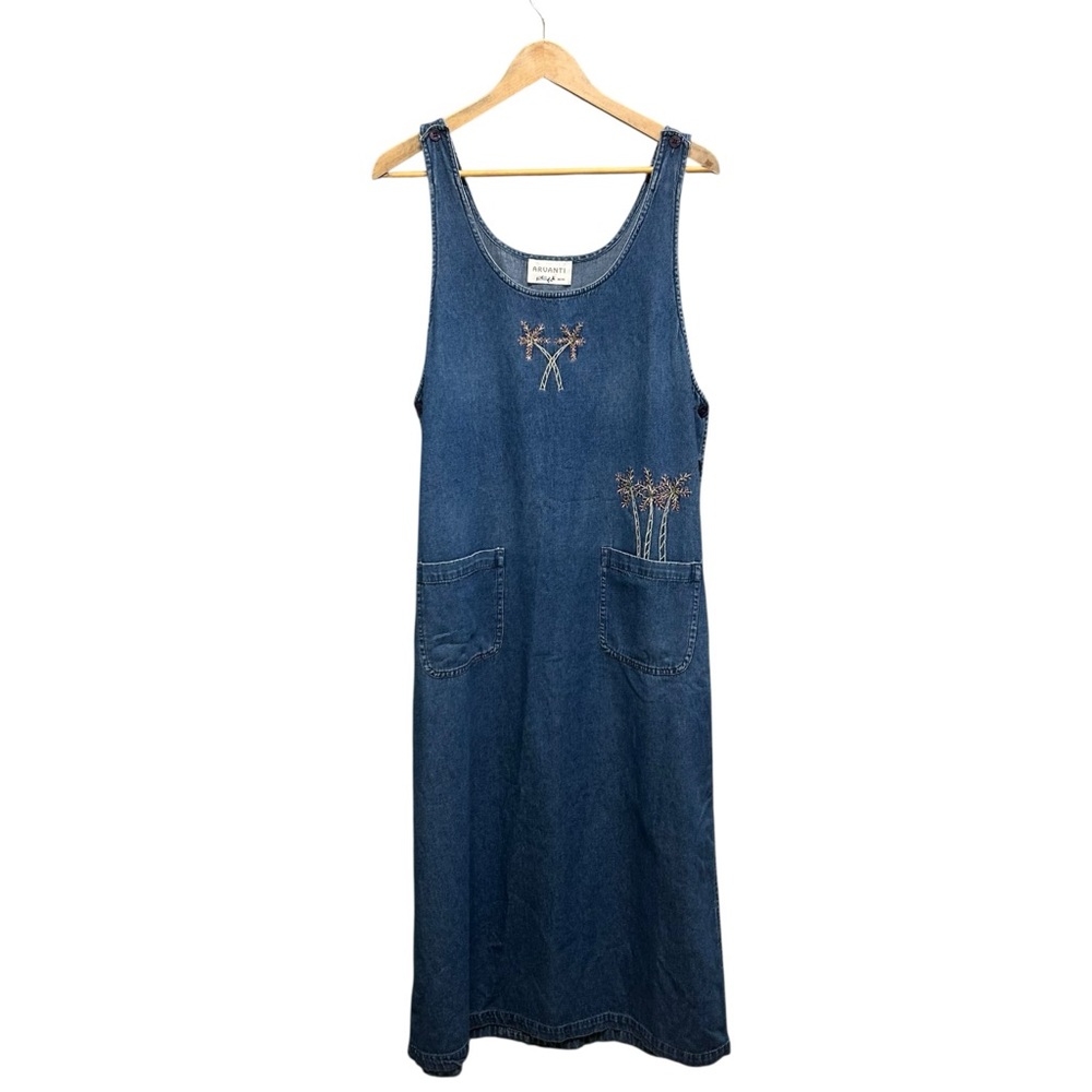 Vintage Arvanti Embroidered Blue Denim Midi Jumper Dress Size M